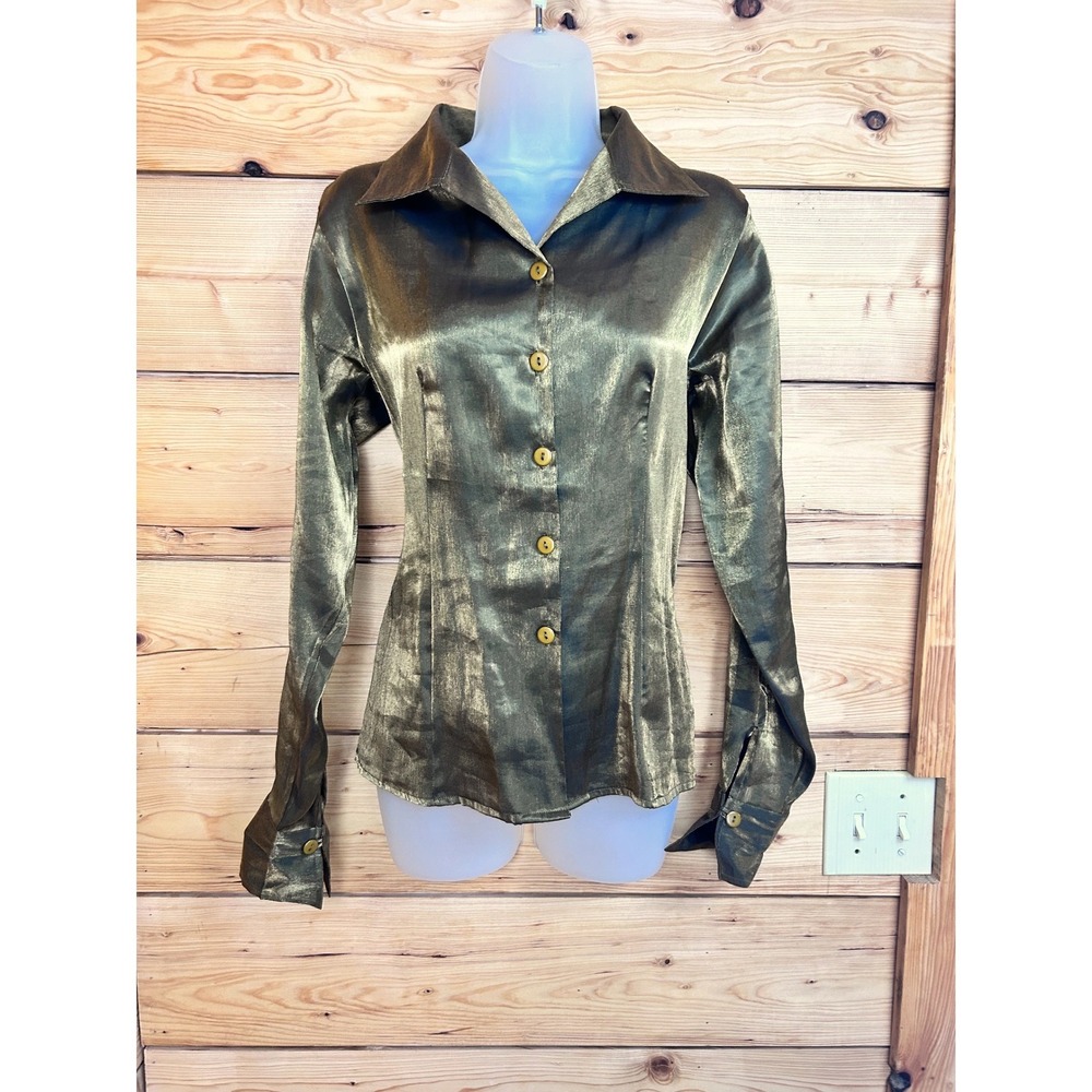 Vintage Nouveau Monde Metallic Olive Gold Button Down Blouse Long Sleeve Medium